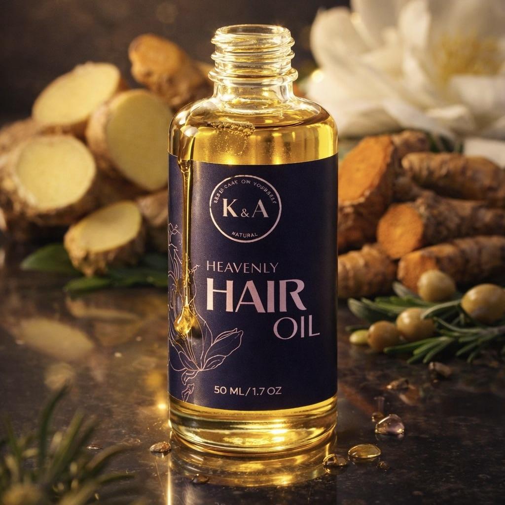 Heavenly Hair Oil bottle on marble